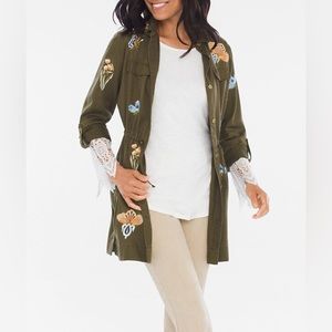 Chico’s 1 Forrest Green Embroidered Anorak Jacket Blouse Tunic